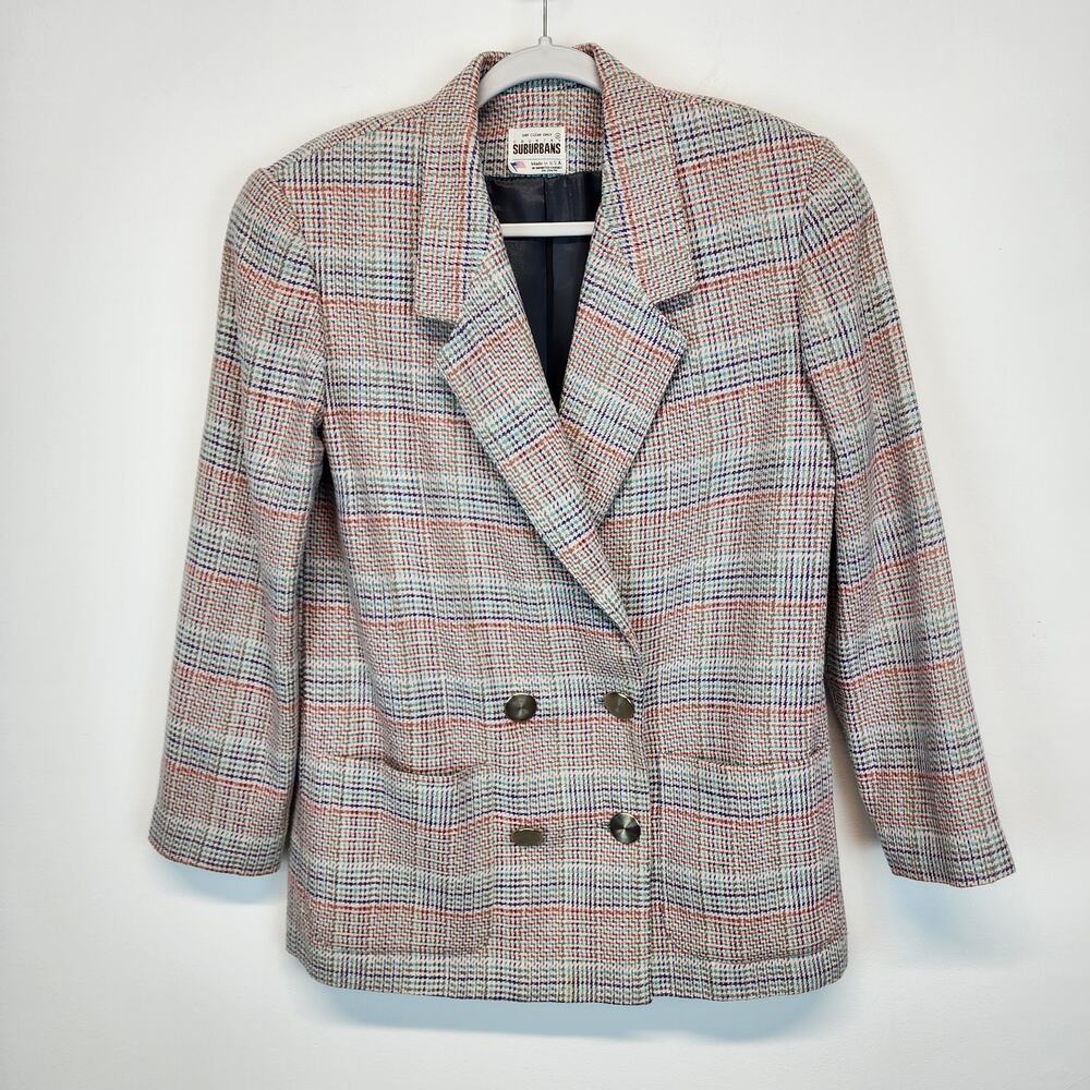 Vintage Country Suburbans Womens Plaid Blazer Size 8 Tweed Wool Double Breast
